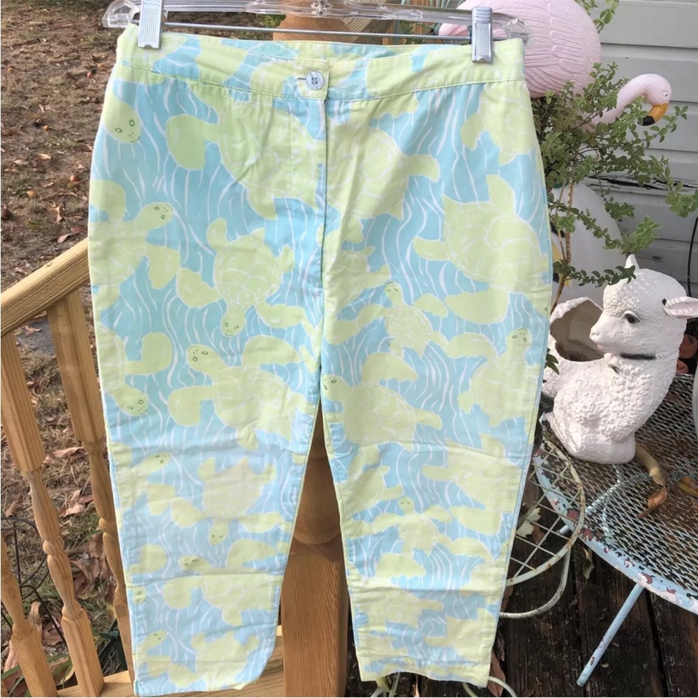 Lilly Pulitzer Turtles Wavy Ocean Pants Sz 0 Vintage White Label Tag Blue Green